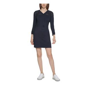 CALVIN KLEIN Womens Tie Pointelle-trim 3/4 Sleeve V Neck Short Sweater Dress